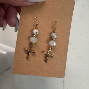 Gold Cross Drop Earrings with White Beads - Women Jewelry